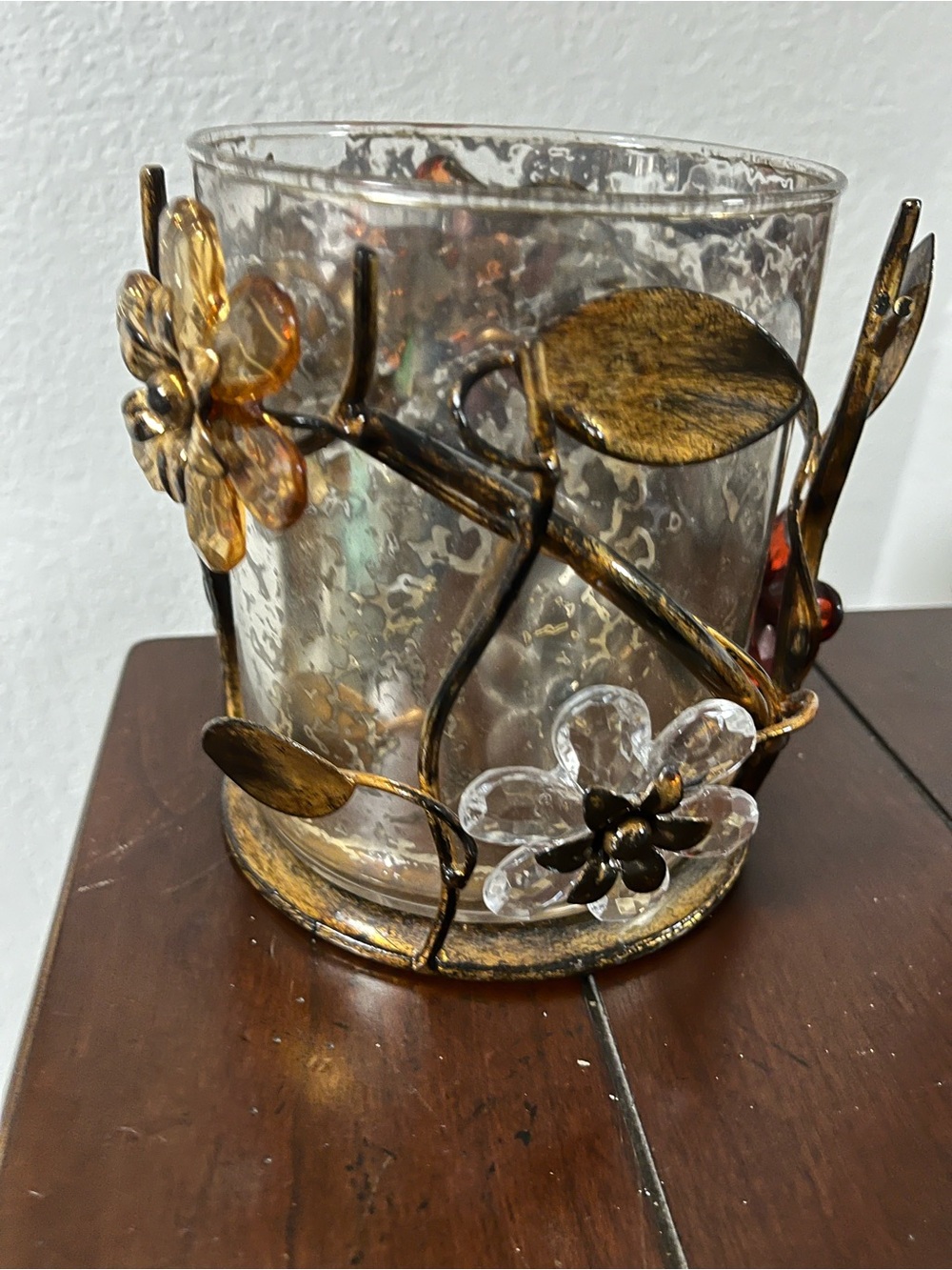 Pier 1 Amber and Clear Floral Glass Candle Holder